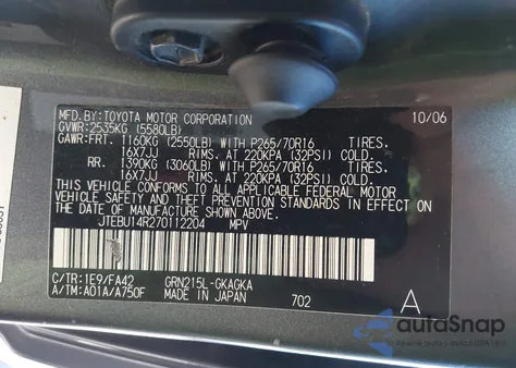 2007 Toyota 4Runner Sr5 V6 из США, поврежденный, VIN JTEBU14R270112204